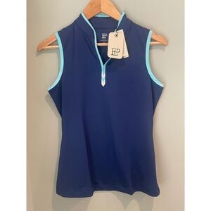EP NY Sleeveless Golf Polo Navy Blue Light Blue Trim UV 50+ Top NWT